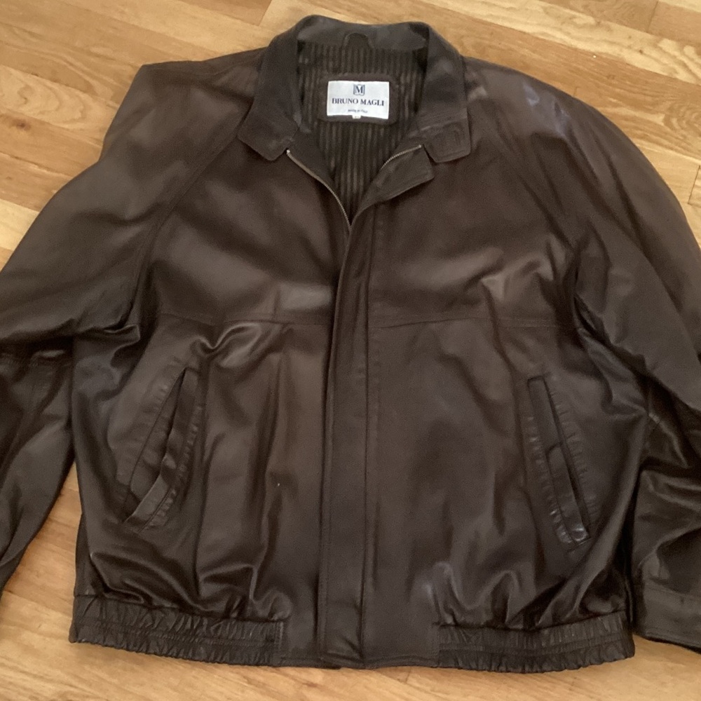 Bruno Magli Dark Brown Leather Bomber Jacket.